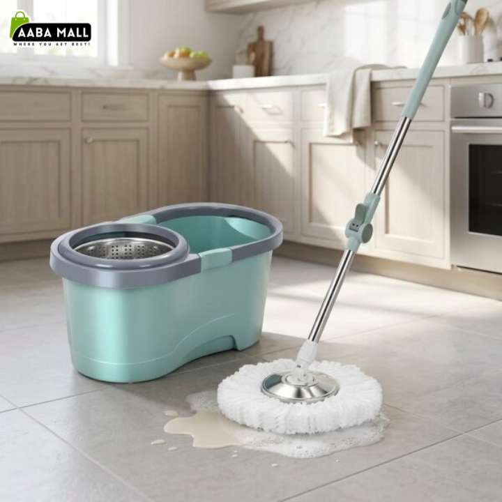 360° rotating spin mop and bucket set with microfiber mop head and stainless steel handle for wet and dry floor cleaning