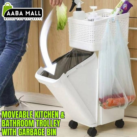 Moveable kitchen and bathroom trolley with garbage bin being used indoors.