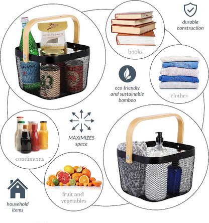 Durable mesh grocery basket with bamboo handle