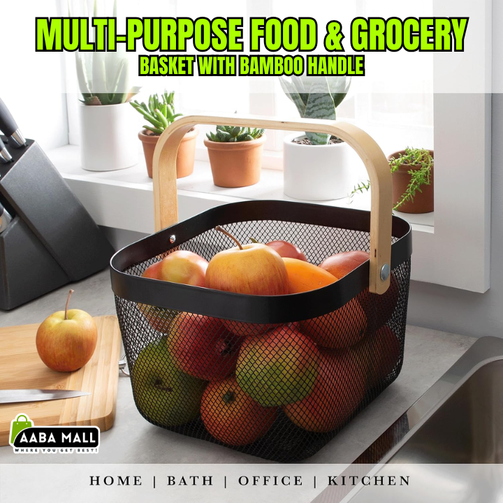 Grey mesh simplify basket with bamboo handle for groceries