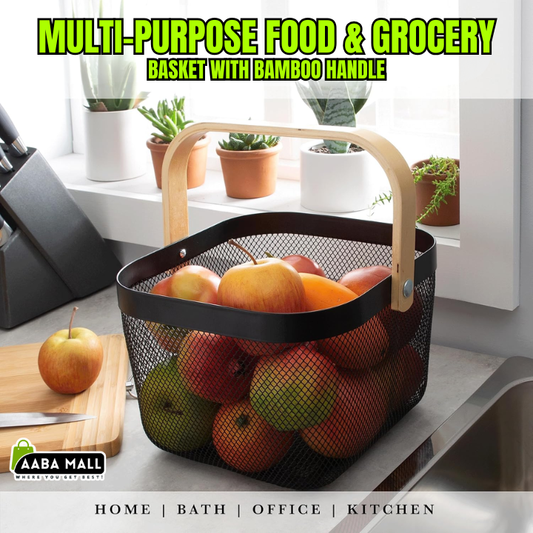 Grey mesh simplify basket with bamboo handle for groceries