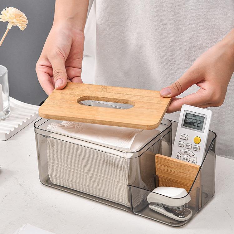multi functional remote control tissue storage box with wooden cover