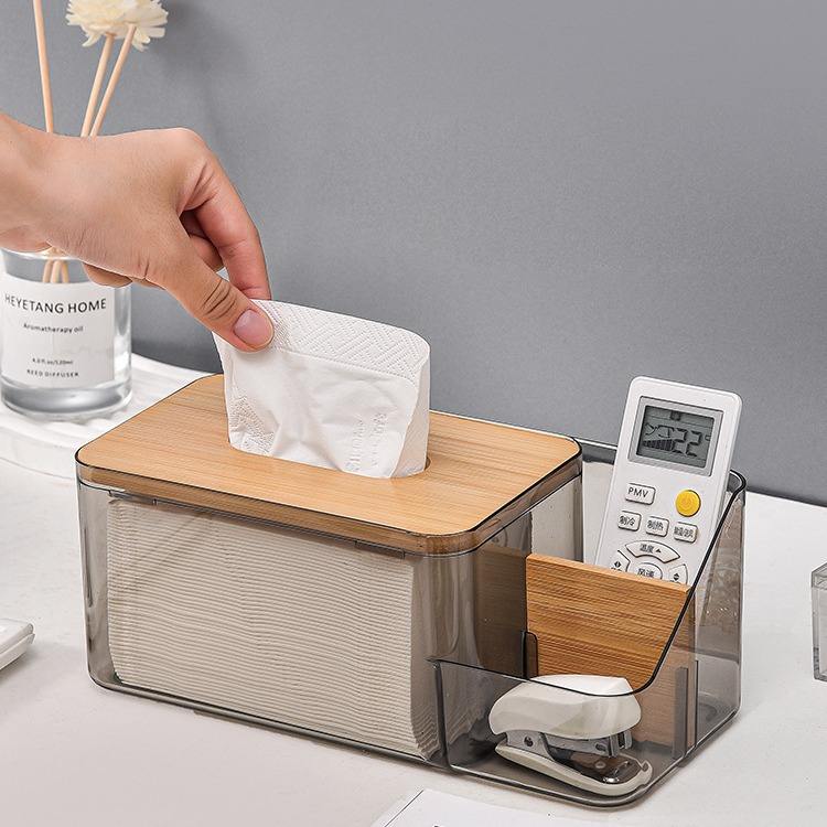 multi functional remote control tissue storage box with wooden cover