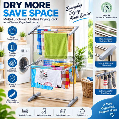 Multi‑Functional Stainless Steel Clothes Drying Rack | Foldable Laundry Stand for Indoor & Outdoor Use