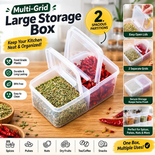 A large clear plastic multi-grid spice storage box with two separate compartments, shown filled with green and red spices on a wooden surface. The image includes promotional text, feature icons, and inset demonstration photos on the right.
