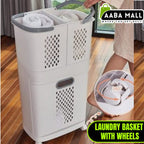 Rolling 2-tier laundry trolley with wheels, sorting clothes hamper featuring three storage baskets for whites colors delicates