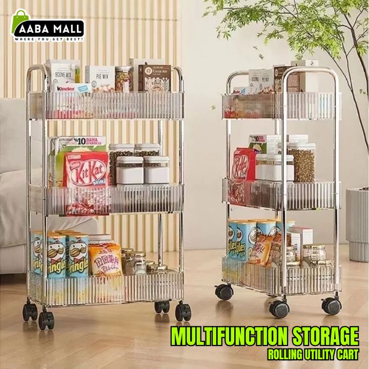 Slim rolling utility cart for bathroom storage