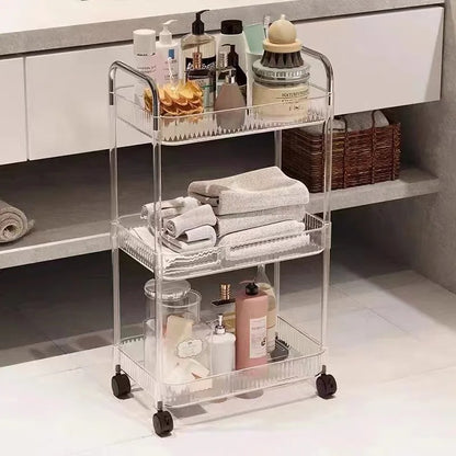 Slim rolling utility cart for bathroom storage