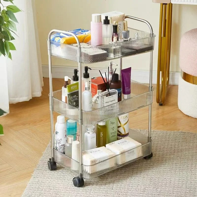 Slim rolling utility cart for bathroom storage