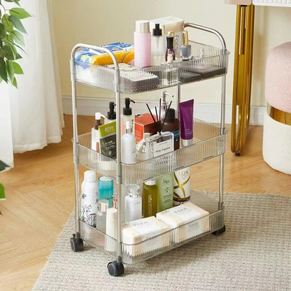 Slim rolling utility cart for bathroom storage