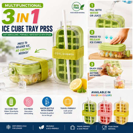 Multifunctional 3 in 1 Ice Cube Tray Press | Easy Demoulding Portable Water Bottle with Straw | DIY Ice Cube Maker for Kitchen, Bar & Outdoor Use