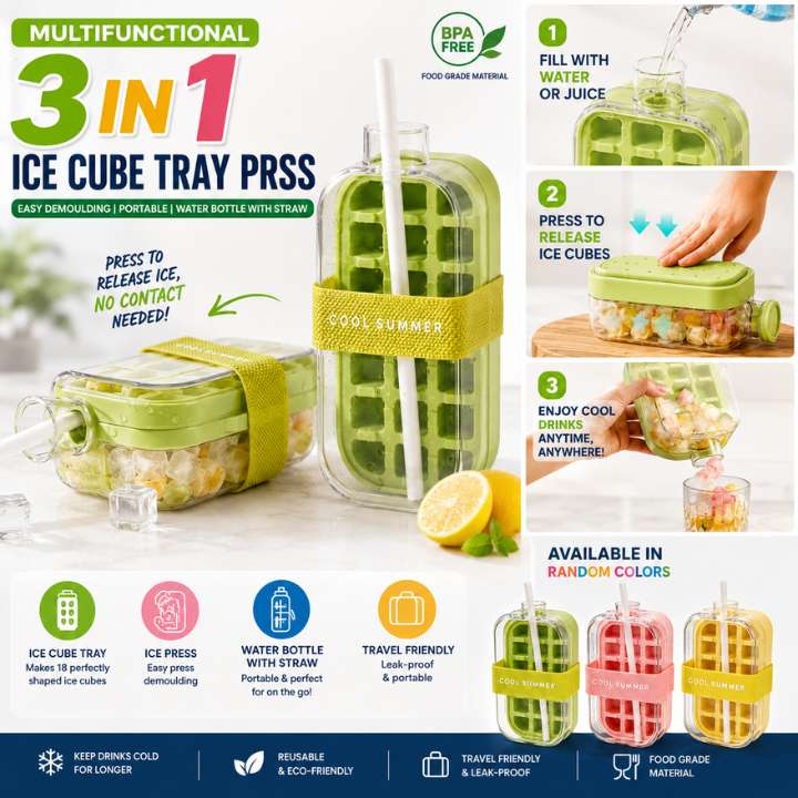 Multifunctional 3 in 1 Ice Cube Tray Press | Easy Demoulding Portable Water Bottle with Straw | DIY Ice Cube Maker for Kitchen, Bar & Outdoor Use