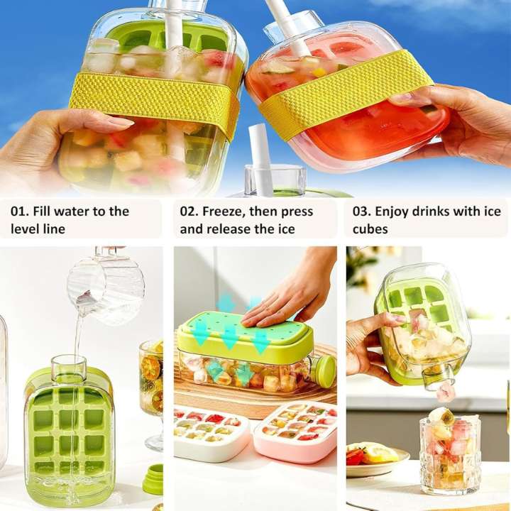 Multifunctional 3 in 1 Ice Cube Tray Press | Easy Demoulding Portable Water Bottle with Straw | DIY Ice Cube Maker for Kitchen, Bar & Outdoor Use