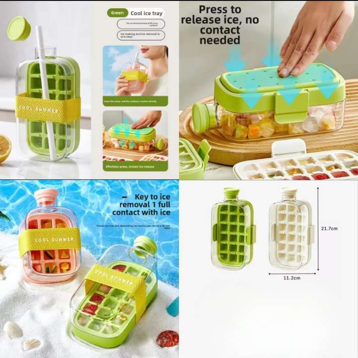 Multifunctional 3 in 1 Ice Cube Tray Press | Easy Demoulding Portable Water Bottle with Straw | DIY Ice Cube Maker for Kitchen, Bar & Outdoor Use
