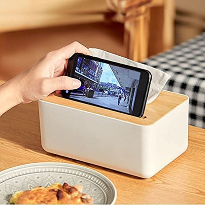 Wooden Cover Plastic Tissue Box With Phone Holder Household Paper Towel Storage Box Home Office Removable Tissue Case