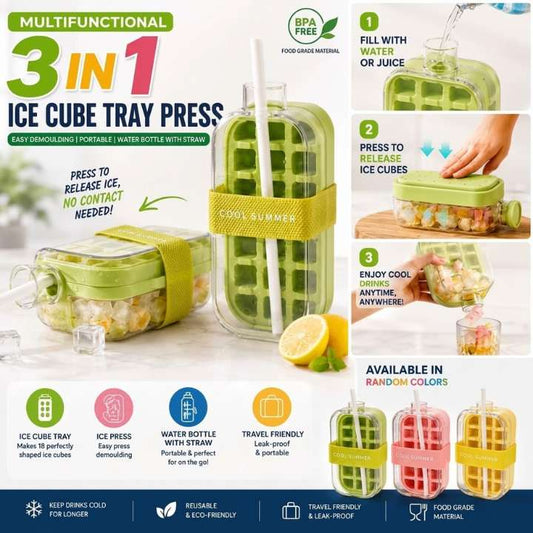 Multifunctional 3 in 1 Ice Cube Tray Press | Easy Demoulding Portable Water Bottle with Straw | DIY Ice Cube Maker for Kitchen, Bar & Outdoor Use