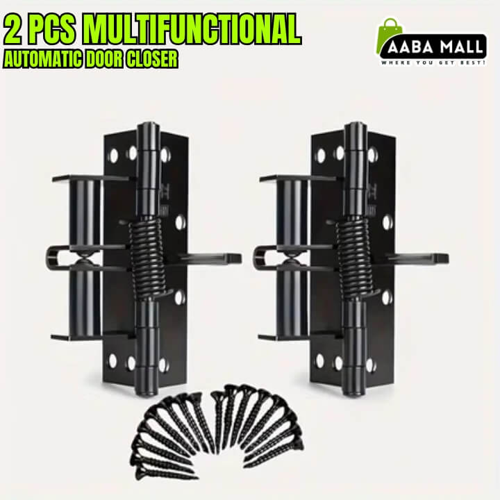 2 Pcs multifunctional automatic door closer spring hinges installed on a wooden door. Heavy duty self-closing door hinges available in silver, black, and gold colors. Featured product image with Aaba Mall logo.