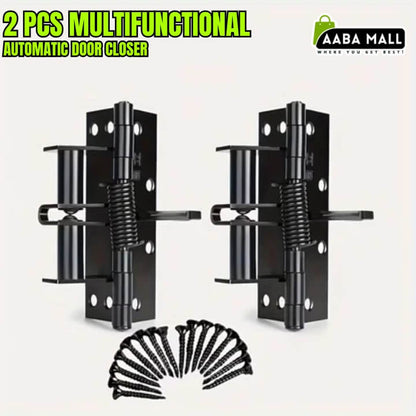 2 Pcs multifunctional automatic door closer spring hinges installed on a wooden door. Heavy duty self-closing door hinges available in silver, black, and gold colors. Featured product image with Aaba Mall logo.