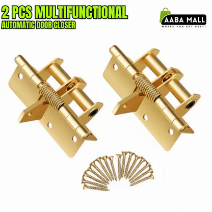 2 Pcs multifunctional automatic door closer spring hinges installed on a wooden door. Heavy duty self-closing door hinges available in silver, black, and gold colors. Featured product image with Aaba Mall logo.