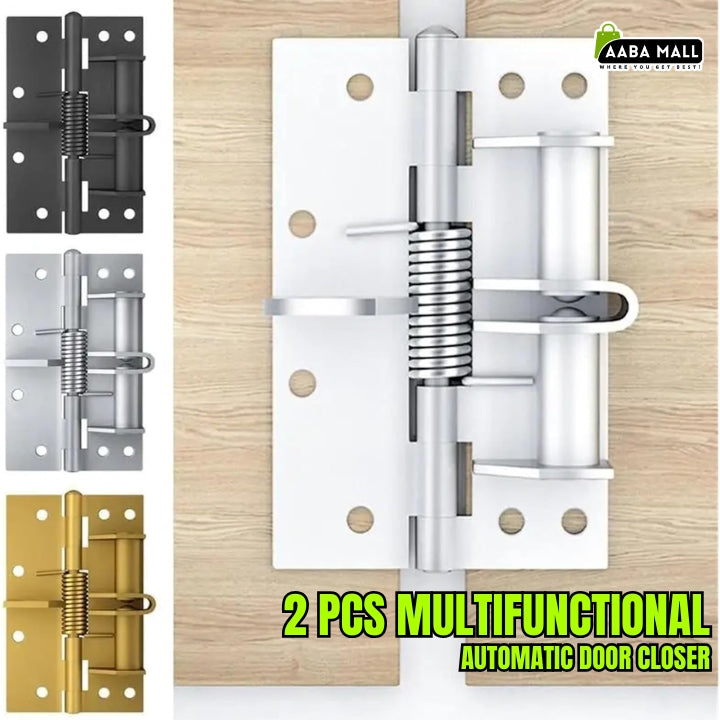 Multifunctional automatic door closer with gold, silver, and black options on a wooden background.