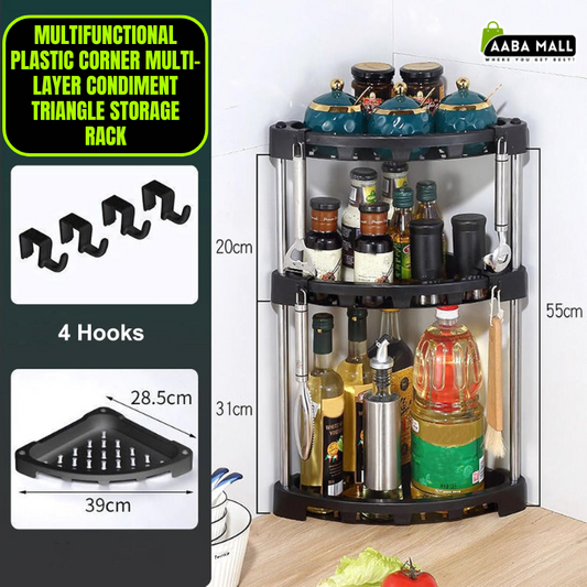 Multifunctional Kitchen Corner Storage Rack – Plastic Triangular Shelf Organizer with Multi-Layer Design for Condiments, Spices & Utensils