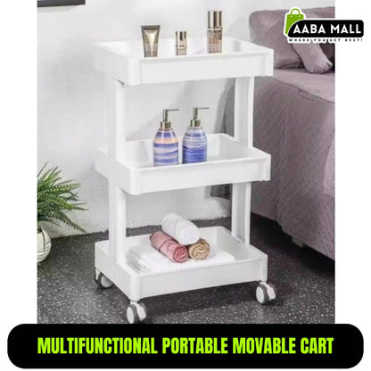 Multifunctional portable movable cart trolley with wheels, showing 3-tier storage organizing items in a kitchen or office setting