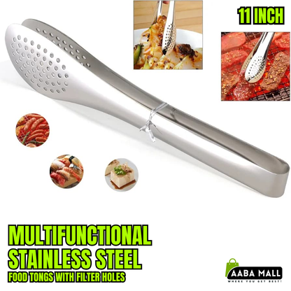 Multifunctional Stainless Steel Food Tongs with Filter Holes – Perfect for Grilling, Frying & Home Cooking
