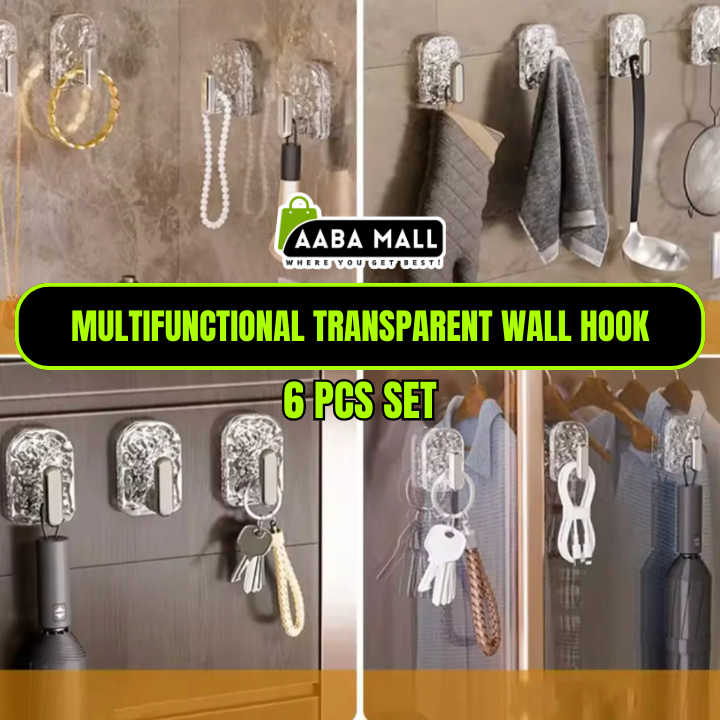 6 Pcs Multifunctional Transparent Wall Hook ? Self-Adhesive, Punch-Free & Waterproof | Wall-Mounted Coat, Towel & Storage Hanger Hook - AABA MALL