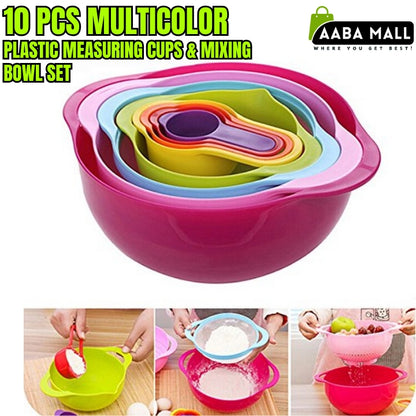 10 Pcs Mixing Bowl Set - Colorful Kitchen Bowls Colander Mesh Strainer Plastic Nesting Bowls - with Easy Pour Spout, Colorful, Measure Cups, and Spoons - for Baking, Cooking, and More