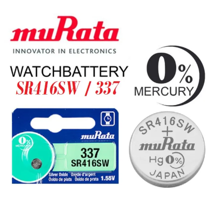 Murata 337, SR416SW battery, silver oxide battery, watch battery, Murata coin cell, Japanese battery, 1.55V battery, Murata watch battery