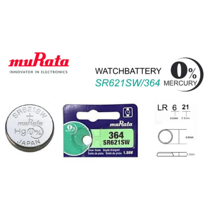 Murata 364, SR621SW battery, Murata watch battery, silver oxide coin cell, 1.55V battery, Murata Japan, wristwatch battery, Murata SR621SW
