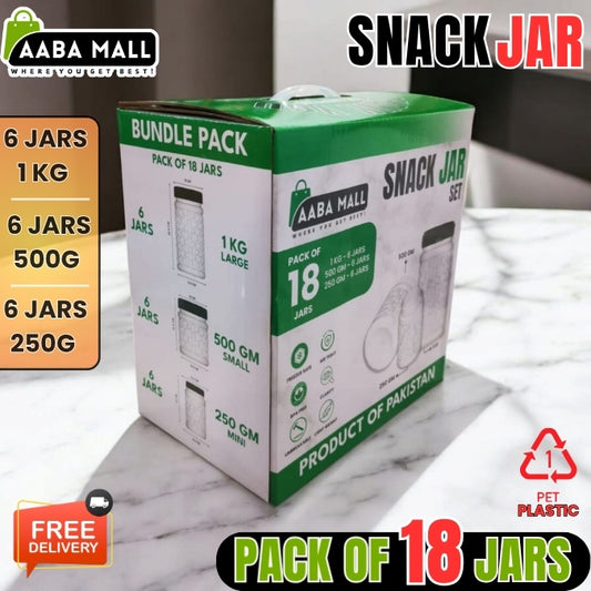 Pack of 18 Snack Jars - 6 Jars 1KG,6 Jars 500G, 6 Jars 250G High Quality Plastic Kitchen Storage Organizer