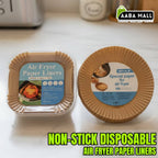 Air fryer paper liners with packaging on a kitchen counter, featuring AABA MALL branding.