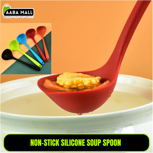 Red non-stick silicone soup spoon with a bowl of soup on an orange background, featuring AABA MALL branding.