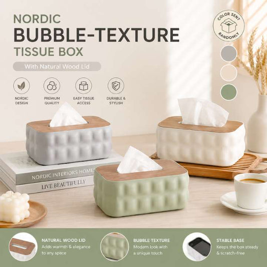 Nordic Bubble‑Texture Tissue Box Holder with Natural Wooden Lid – Stylish Decorative Tissue Organizer for Living Room, Bedroom, Office