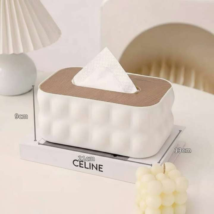 Nordic Bubble‑Texture Tissue Box Holder with Natural Wooden Lid – Stylish Decorative Tissue Organizer for Living Room, Bedroom, Office
