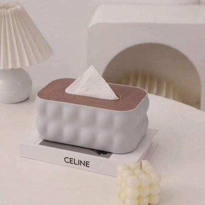 Nordic Bubble‑Texture Tissue Box Holder with Natural Wooden Lid – Stylish Decorative Tissue Organizer for Living Room, Bedroom, Office