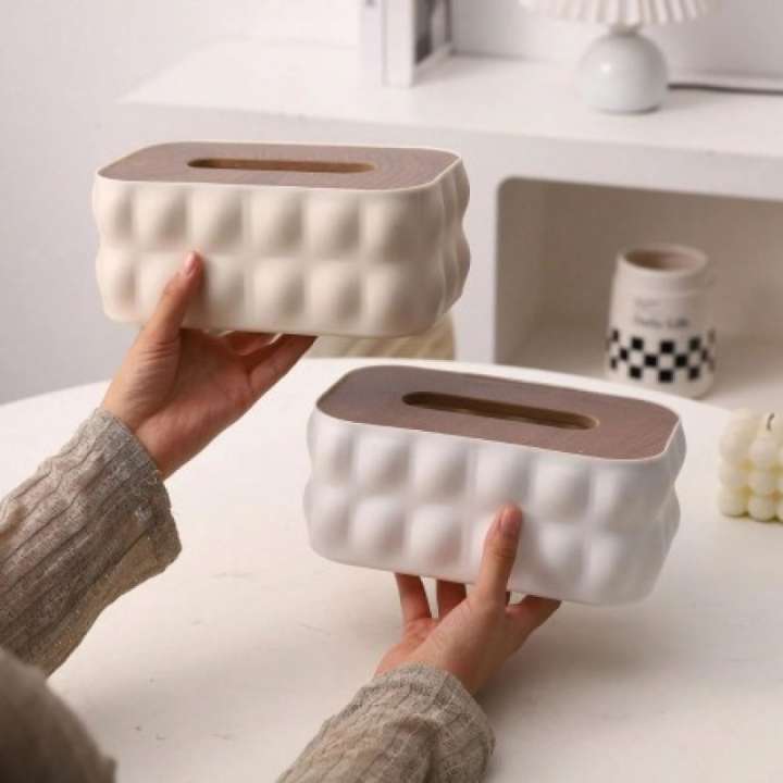 Nordic Bubble‑Texture Tissue Box Holder with Natural Wooden Lid – Stylish Decorative Tissue Organizer for Living Room, Bedroom, Office