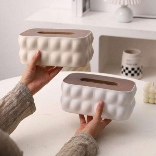 Nordic Bubble‑Texture Tissue Box Holder with Natural Wooden Lid – Stylish Decorative Tissue Organizer for Living Room, Bedroom, Office