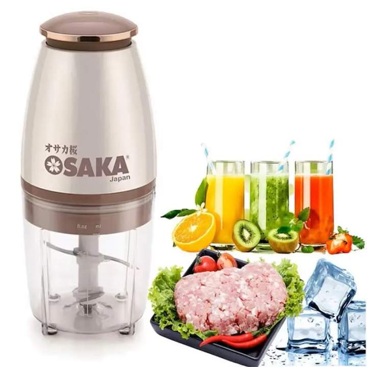 Saka food chopper with images of juices, vegetables, and meat on a white background