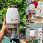 Handheld blender with SAKA branding in various settings