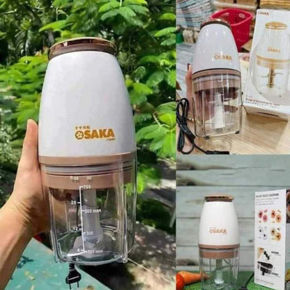Handheld blender with SAKA branding in various settings