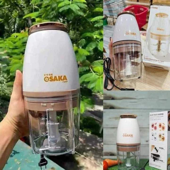 Handheld blender with SAKA branding in various settings