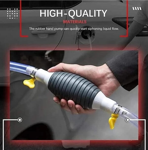 Hand holding a manual pump with liquid being pumped into a car's fuel tank, labeled 'High-Quality Materials'.