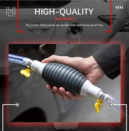 Hand holding a manual pump with liquid being pumped into a car's fuel tank, labeled 'High-Quality Materials'.