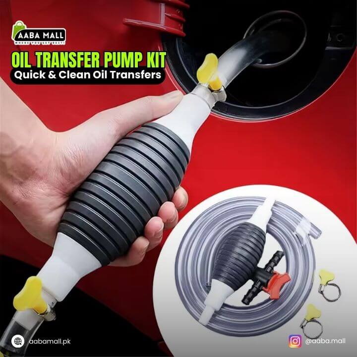 Oil transfer pump kit held by a hand with a red background