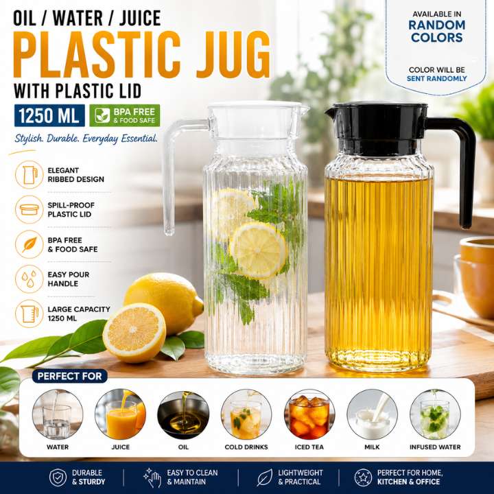 Plastic jug with plastic lid on a wooden surface with lemons and a plant, featuring product details.