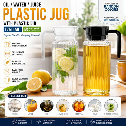 Plastic jug with plastic lid on a wooden surface with lemons and a plant, featuring product details.