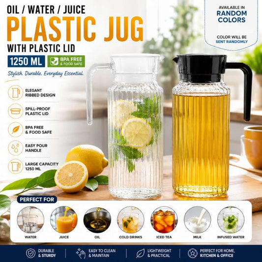 Plastic jug with plastic lid on a wooden surface with lemons and a plant, featuring product details.