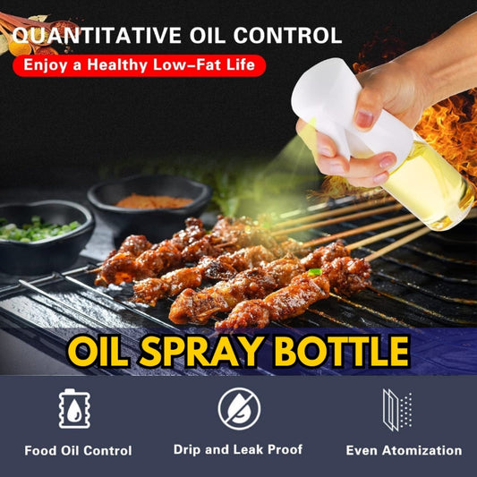 Hand holding a translucent yellow oil sprayer over a grill, dispensing a fine mist of oil on skewered food.